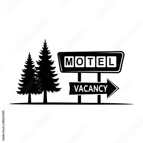 Retro Motel Sign with Vacancy Arrow and Pine Trees