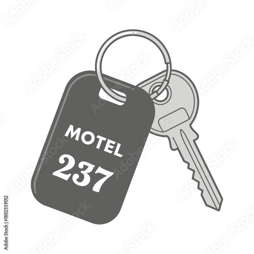 Motel Room Key 237 with Tag on White Background, Hospitality Concept