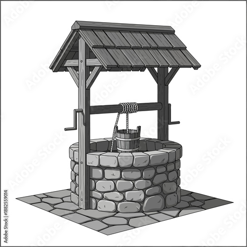 Rustic stone wishing well with wooden roof and bucket, isolated on white background.