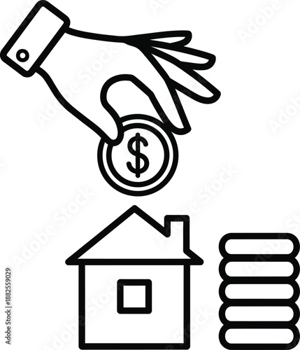 Simple line art icon of a hand inserting a dollar coin into a house symbolizing home savings and investment.