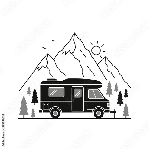 Campervan Camping Mountains Nature Line Art Illustration Black and White