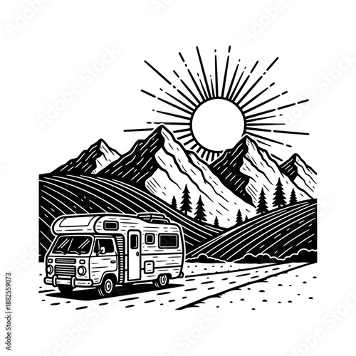 RV Camper Van on Scenic Road with Mountains and Sunburst - Line Art