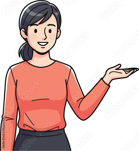Smiling Asian woman with a ponytail in a coral shirt presenting with an open hand gesture.