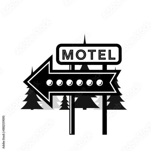 Retro Motel Sign Arrow with Pine Trees - Vintage Roadside Attraction