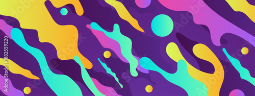 Trippy composition of melting neon colors and liquid flows on a deep purple backdrop