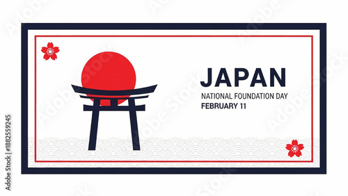 Japan National Foundation Day Framed Banner with Torii Icon Red Sun and Seigaiha Wave Border