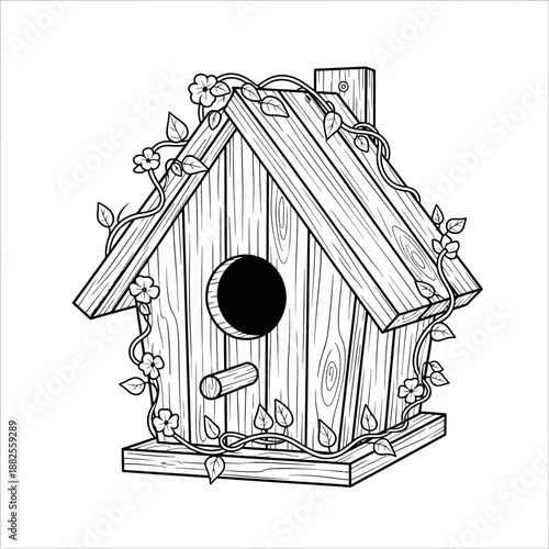 Charming Wooden Birdhouse with Vine and Flowers Illustration - Black and White Outline