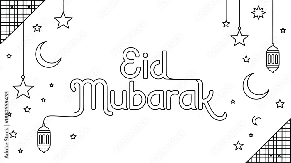Obraz premium Eid Mubarak Vector Illustration with Crescent, Stars, and Lanterns