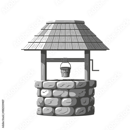 Vintage stone wishing well with wooden roof and bucket, isolated on white background