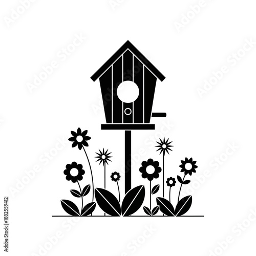 Black Silhouette Birdhouse with Flowers and Plants on White Background