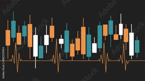 Dynamic financial market analysis illustrated with a vibrant candlestick chart and an underlying heartbeat line, representing real-time trading data, economic health, and investment trends