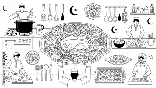 Muslim people preparing food for Iftar, Ramadan kitchen cooking activity and traditional feast line art.