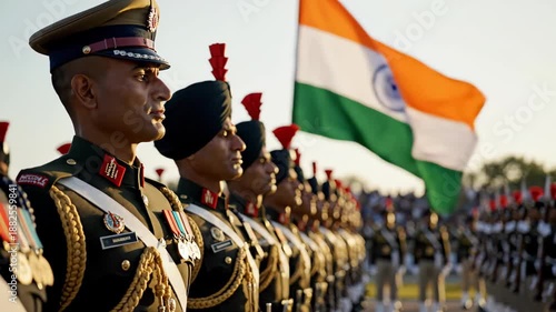 Indian army soldiers standing in formation with the national flag waving in the background during a ceremonial video event india republic day
