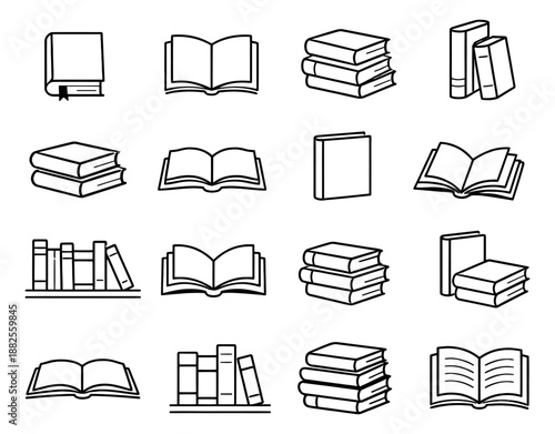Line art book icon set featuring various closed, open, and stacked books for education and reading