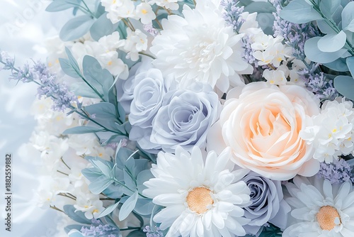 Elegant Floral Arrangement with Roses, Daisies, Lavender and Foliage in Soft Pastel Tones