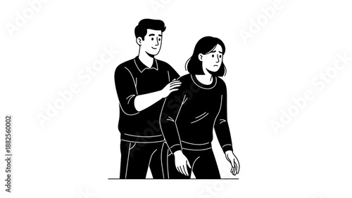 Man comforting a sad woman, concept of empathy, emotional support, and mental health care illustration.