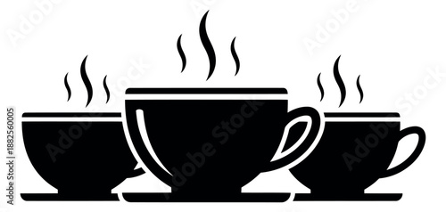 Black silhouette hot beverage cups set featuring rising steam for cafe menus and signs