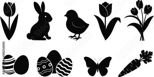 Easter spring solid icons set, bunny chick tulip eggs butterfly carrot symbols, seasonal holiday nature black vector