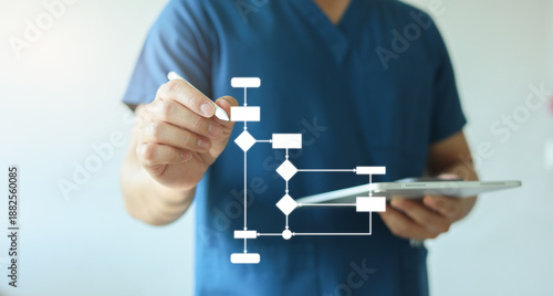 close up expert doctor man hand use stylus pencil to write workflow of medical therapy process and surgery or planning about healing treatment system in hospital for healthcare lifestyle concept © chinnarach