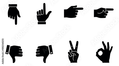 Flat graphic hand gestures icon set featuring pointing, approval, and communication signs for user interface and interaction
