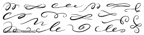 Flourish hand drawn swash line set. Flourish line calligraphy hand drawn pen ink brush thin stroke curve..Elegant vintage doodle swirl scroll underline text decoration design. Vector illustration.