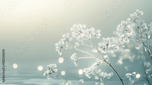 Delicate white flowers covered in frost and ice sparkle in the soft light of a winter scene
