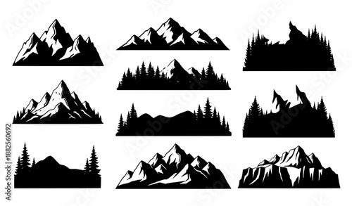 Mountain and forest silhouette vector set with hills and glaciers for landscape design