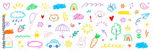 Cute kid baby icon set. Hand drawn kid doodle marker stroke with cute color rainbow, sun, cloud childish background. Cartoon sketch children flower, car, house icon elements. Vector illustration