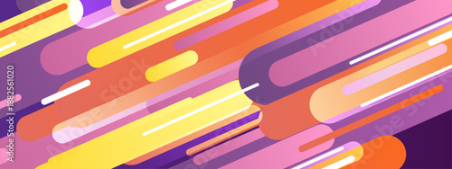 Abstract pattern of slanted rounded shapes and lines in warm orange yellow and purple tones creating movement