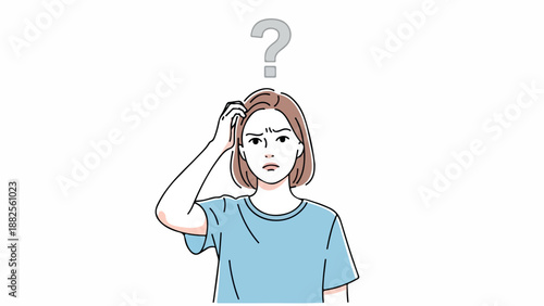 A young woman with a questioning expression scratches her head under a large question mark in a simple line art style against a plain white background with a thoughtful mood.