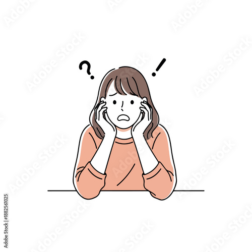 Illustration of a stressed woman with hands on face, question mark and exclamation point above her head on a plain white background.