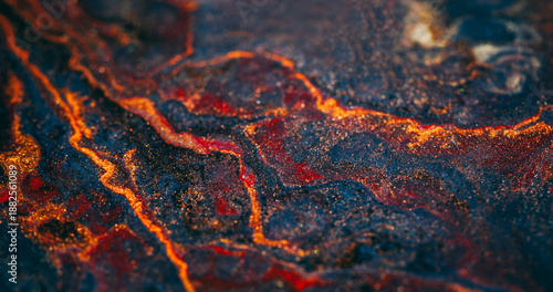 Glitter liquid blur. Dark paint flow. Orange red lava in cracked black texture. Shimmering color abstract ash particles leak background.