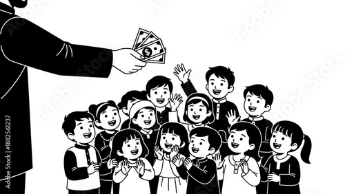 Muslim man giving money to group of happy children, Islamic charity and zakat concept illustration in black and white.