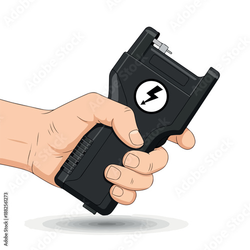 Hand holding a black taser with a white lightning bolt logo on a plain white background.