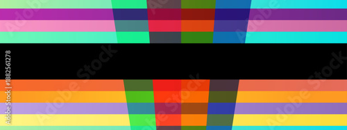Abstract graphic with colorful horizontal bands and a central vertical section showing perspective distortion