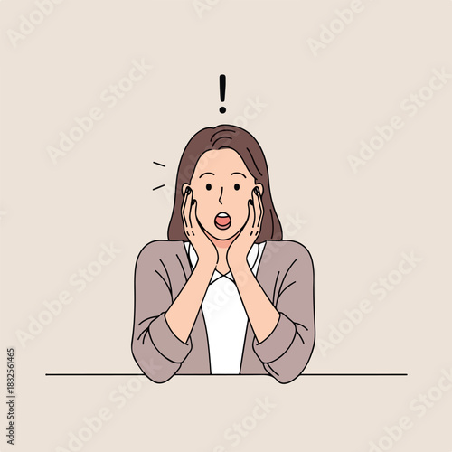 Cartoon illustration of a surprised young woman with her hands on her cheeks and an exclamation mark above her head against a plain beige background.
