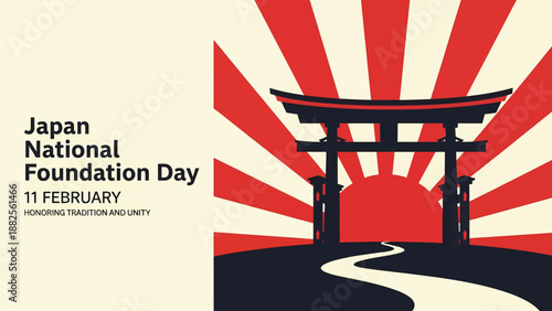 Japan National Foundation Day Torii Sunrise Banner with Rising Sun Rays and Minimal Pathway Poster