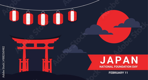 Japan National Foundation Day Torii Lantern Banner with Red Moon Glow and Dark Minimal Festival Scene