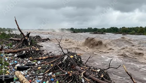 Wallpaper Mural Floodwaters surge past a debris-strewn riverbank under a cloudy sky. Torontodigital.ca