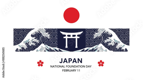 Japan National Foundation Day Poster With Torii Gate And Traditional Wave Pattern Under Rising Sun In Clean Flat Vector Style