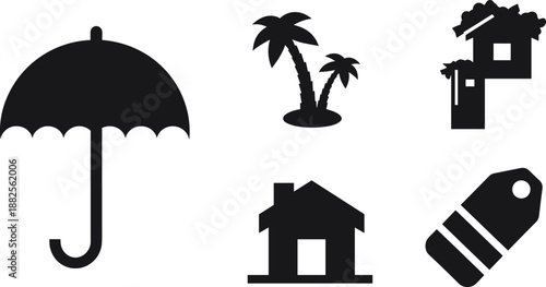 Insurance protection silhouette icons set, umbrella home palm tree price tag, property safety coverage concept black vector