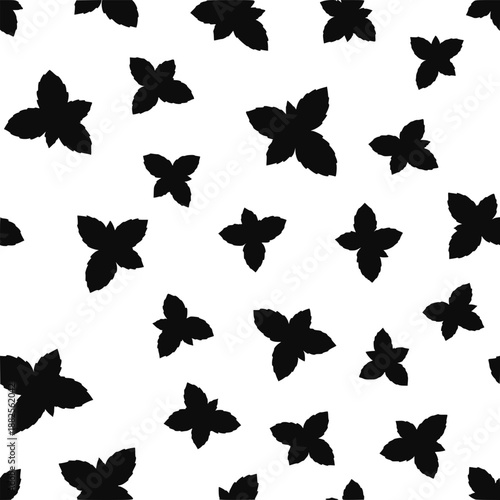 Peppermint Mint Leaf Silhouette Vector Pattern Background: Black Minimalist Botanical Floral Illustration, Nature Herbal Leaf Graphic for Tea Packaging, Organic Branding Texture Design
