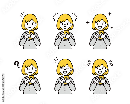 スマホを操作する、若い女性社員・ビジネスパーソンの様々な表情のベクターイラスト素材セット