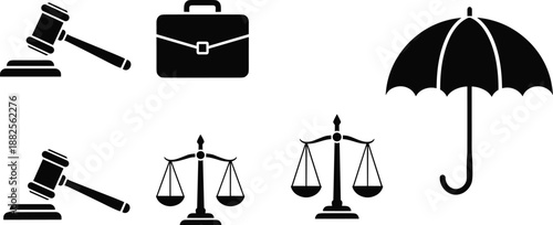 Legal and insurance solid icons set, gavel briefcase justice scales umbrella symbols, law protection business concept vector illustration
