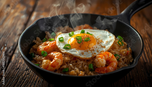 A steaming hot skillet of shrimp fried rice with a fried egg on top