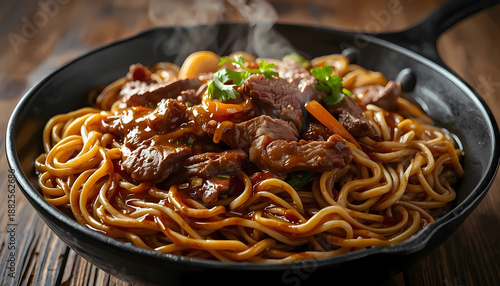 A steaming hot plate of noodles and beef in a cast iron skillet