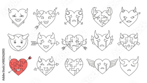 Emotional devil and angel heart line art icons with puzzle elements and cupid arrows