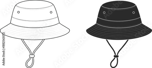 Bucket hat technical drawing template in black and white colors with chin strap isolated on white background for fashion design