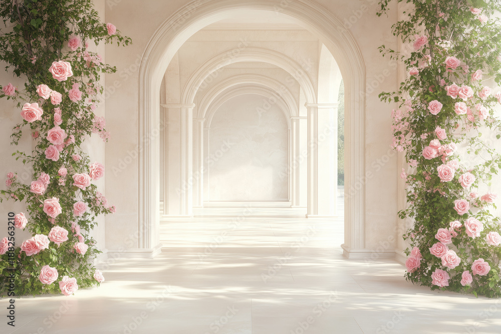 Fototapeta premium Wedding background. Floral corridor with pink roses in luxury palace interior, romantic background with sunlight, elegant architecture and dreamy floral atmosphere. Backgrond for Bridal Ceremony