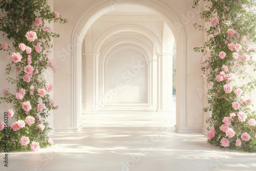 Wedding background. Floral corridor with pink roses in luxury palace interior, romantic background with sunlight, elegant architecture and dreamy floral atmosphere. Backgrond for Bridal Ceremony